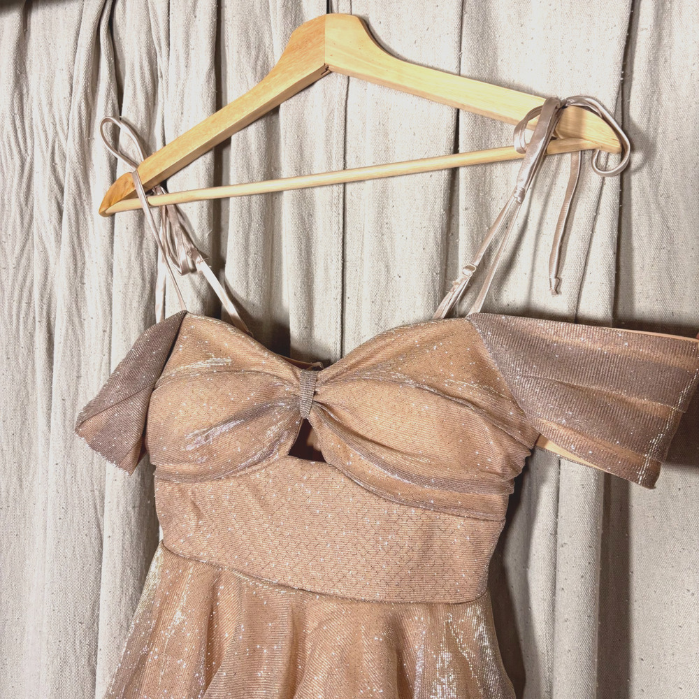 Glitter Tulle Tiered Mini Dress Champagne Rose Gold Small Off or On Shoulder
